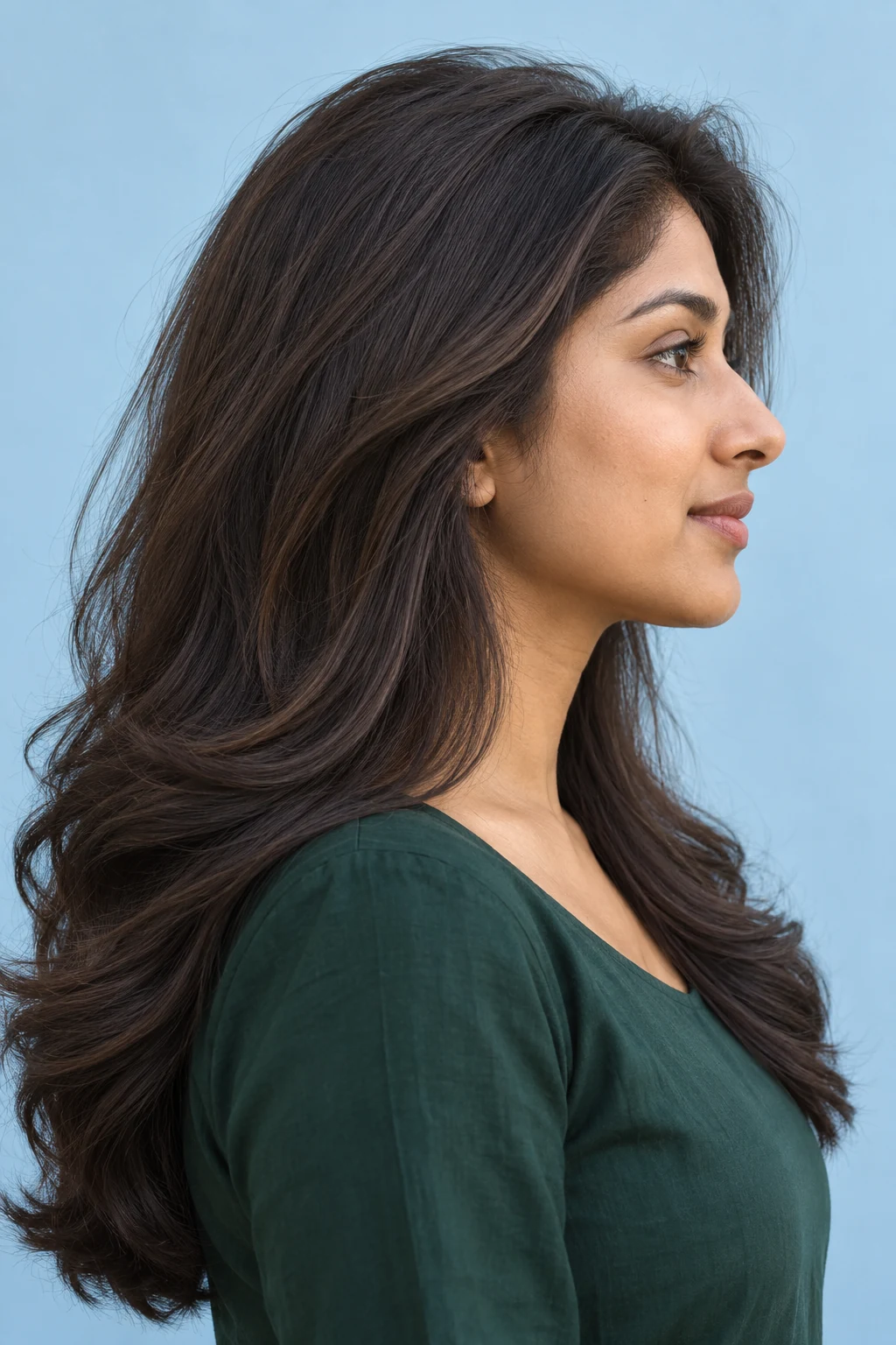 Long layers swept away from the face with a full softly curved finish.