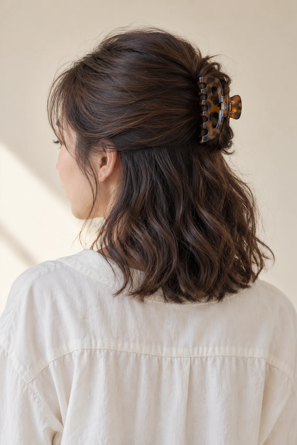 Upper sections secured with a tortoiseshell claw clip, with shoulder-length waves left loose.