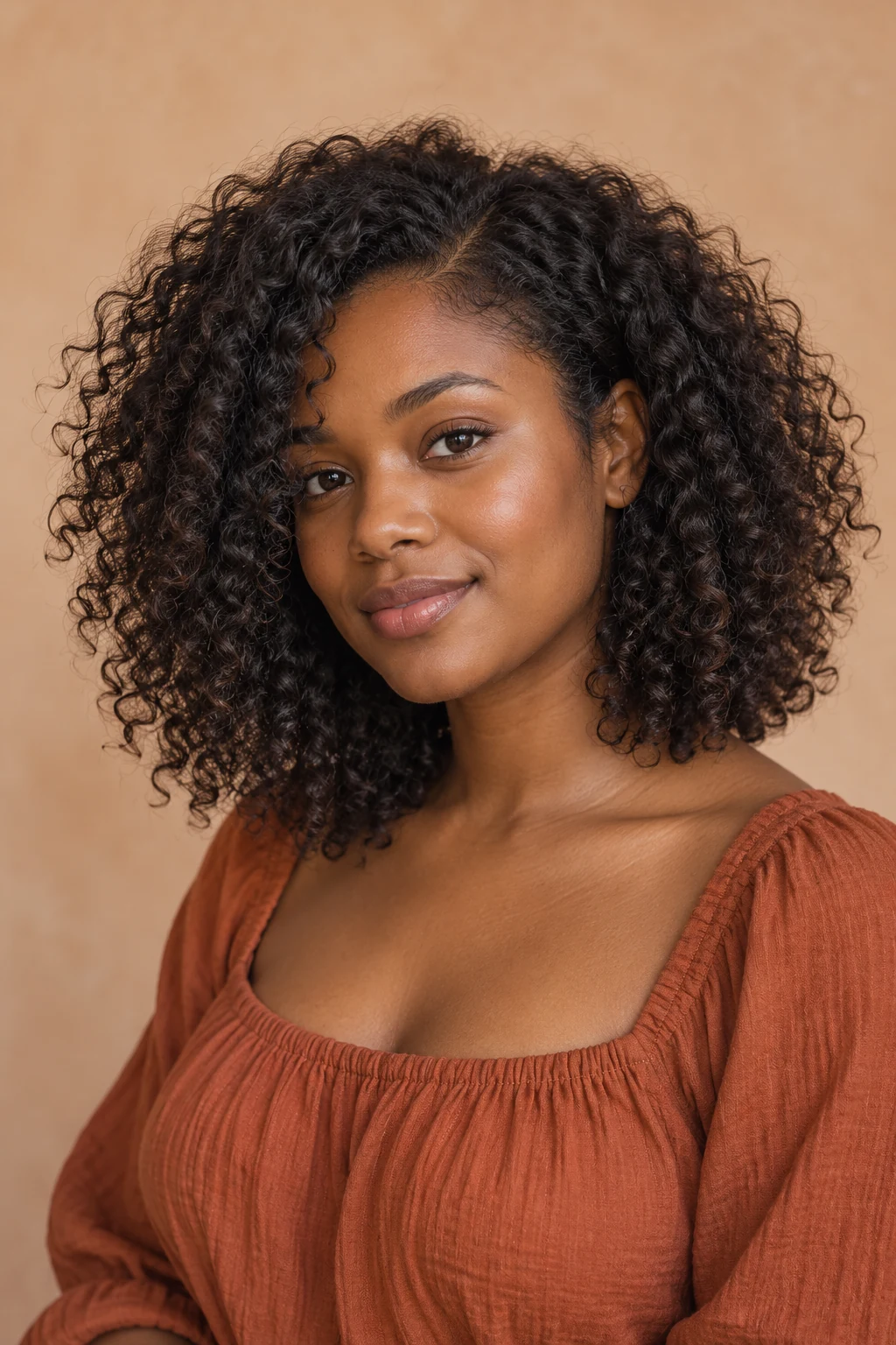 Loose shoulder-length curls worn down with a side part.