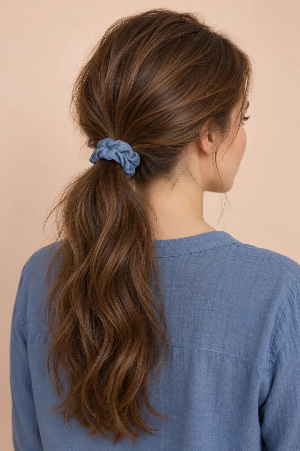 Hair gathered at the nape into a low ponytail.
