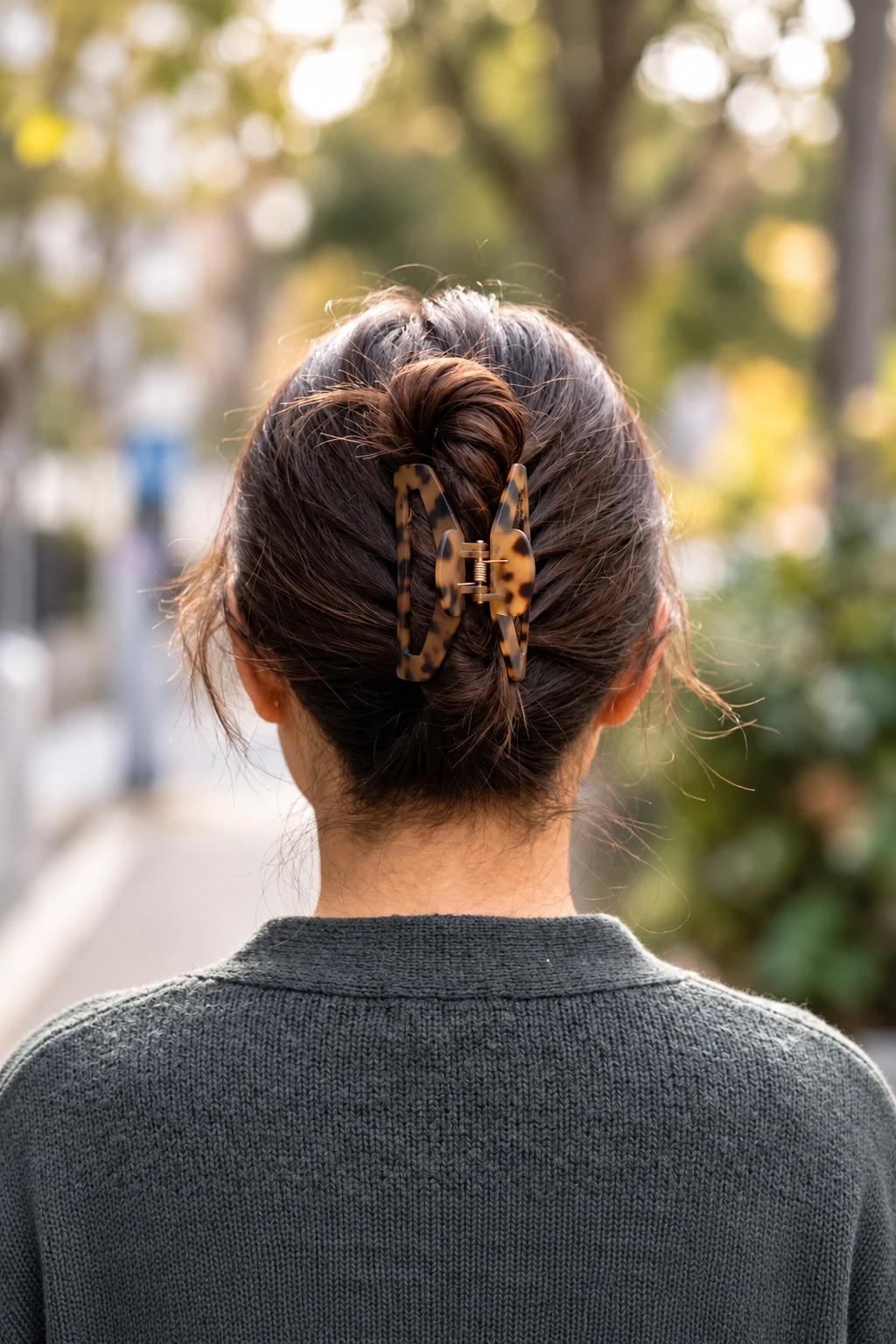 Back view close-up of a claw clip holding a twisted updo, showing claw clip hairstyles.