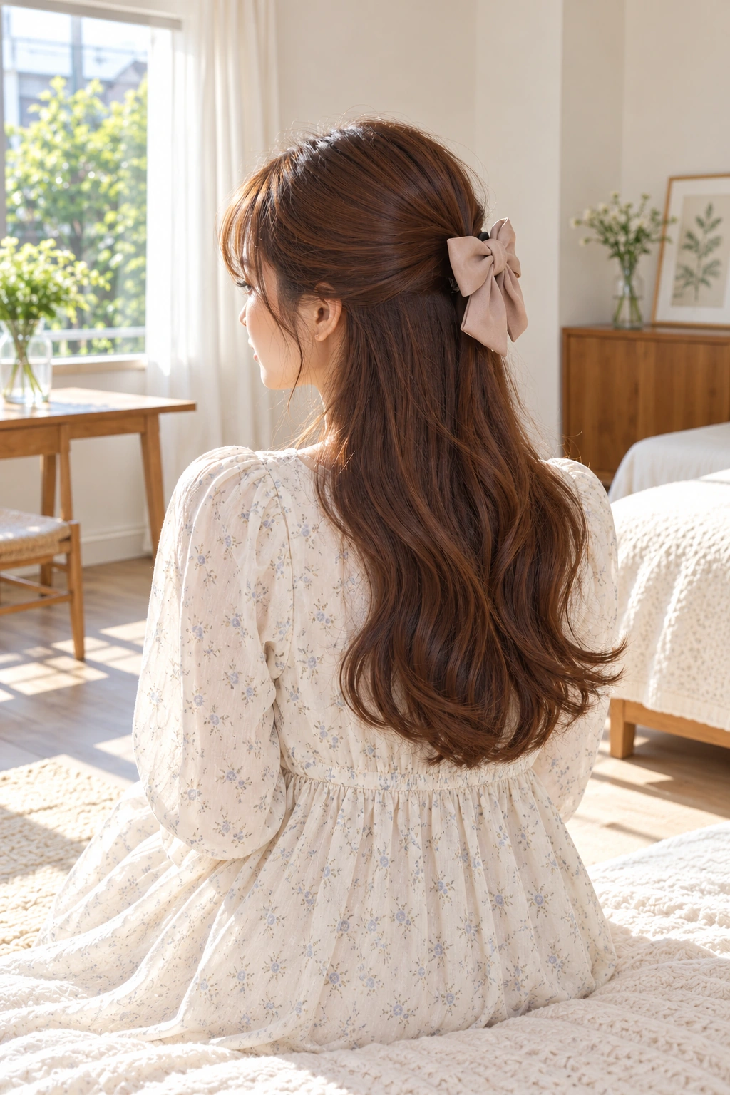 Long wavy hair swept half up and secured with a cream fabric bow.