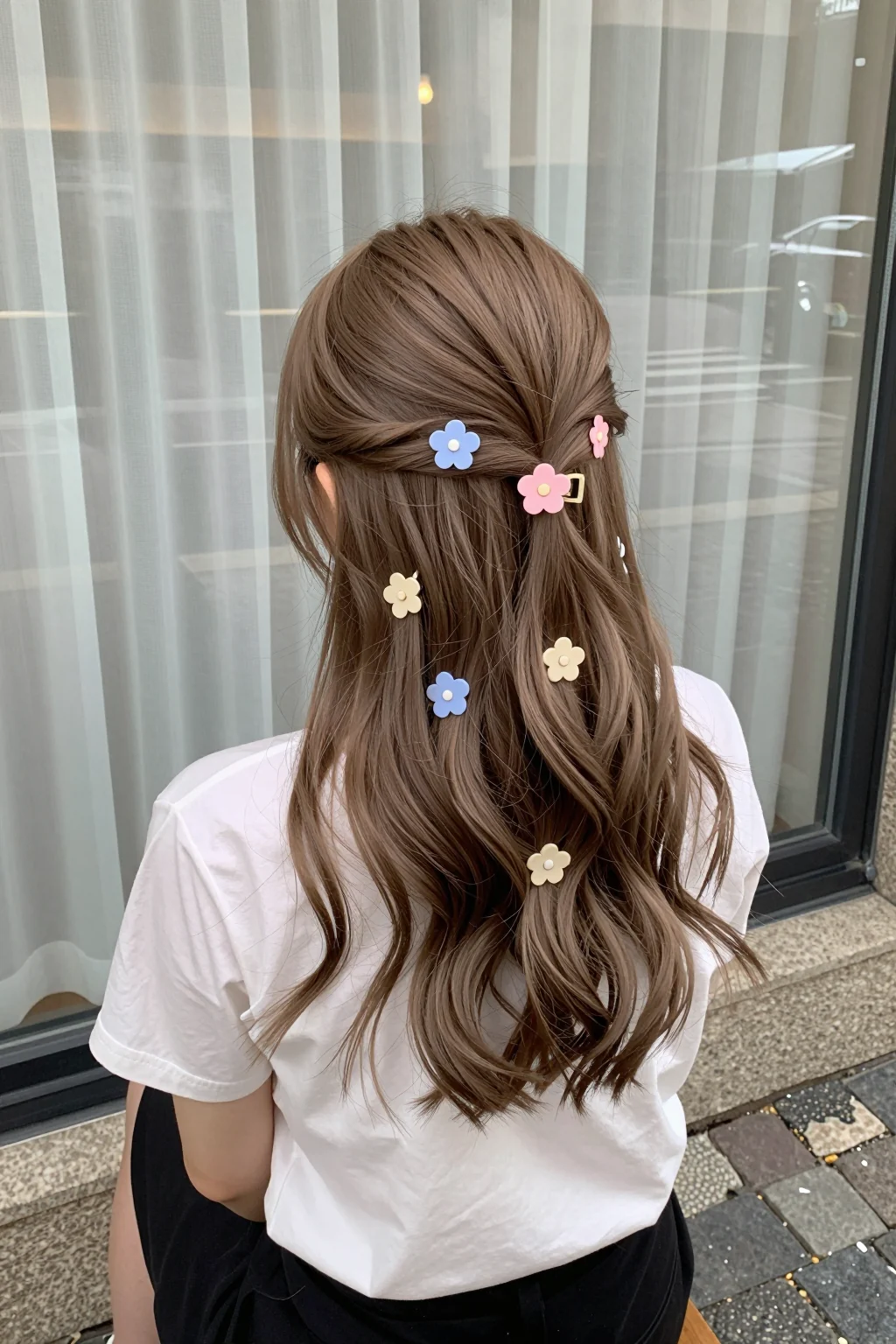 Long loose waves with small pastel flower clips holding the upper sections back.
