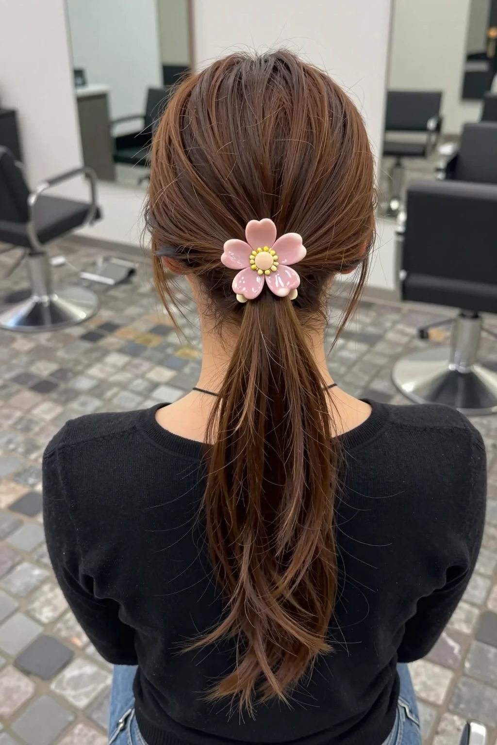 A low ponytail decorated with a pink flower-shaped claw clip.