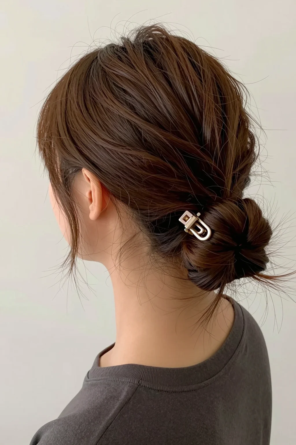 A smooth low bun secured with a small geometric metal clip.