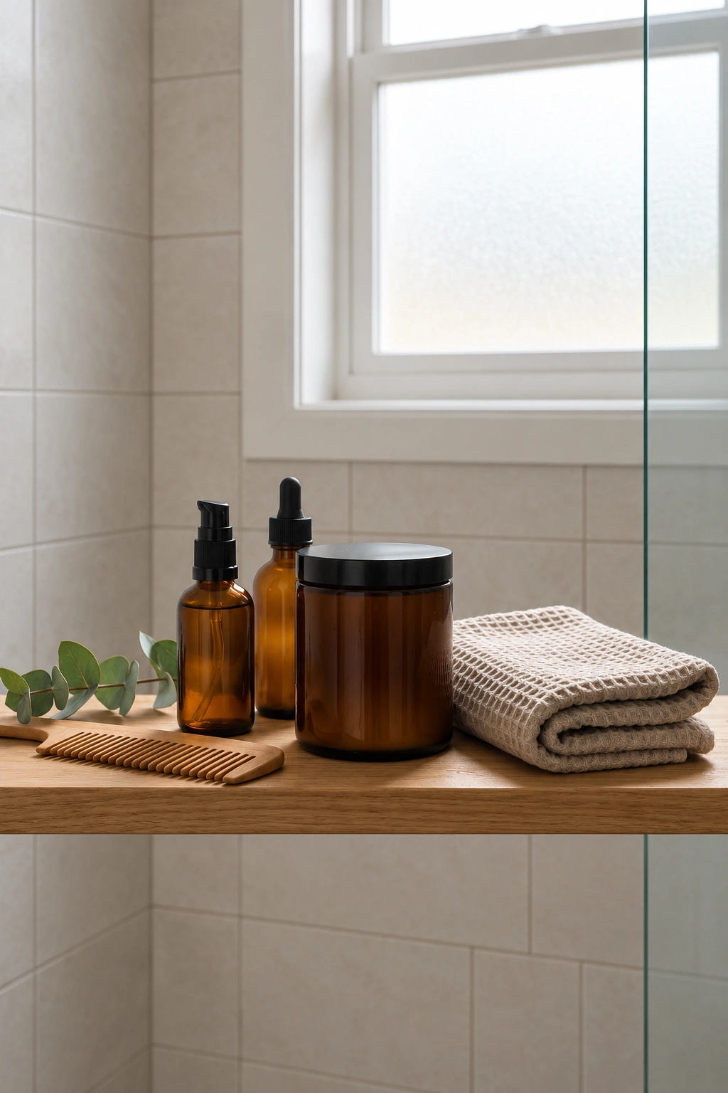Hair-care jars, bottles and towel.