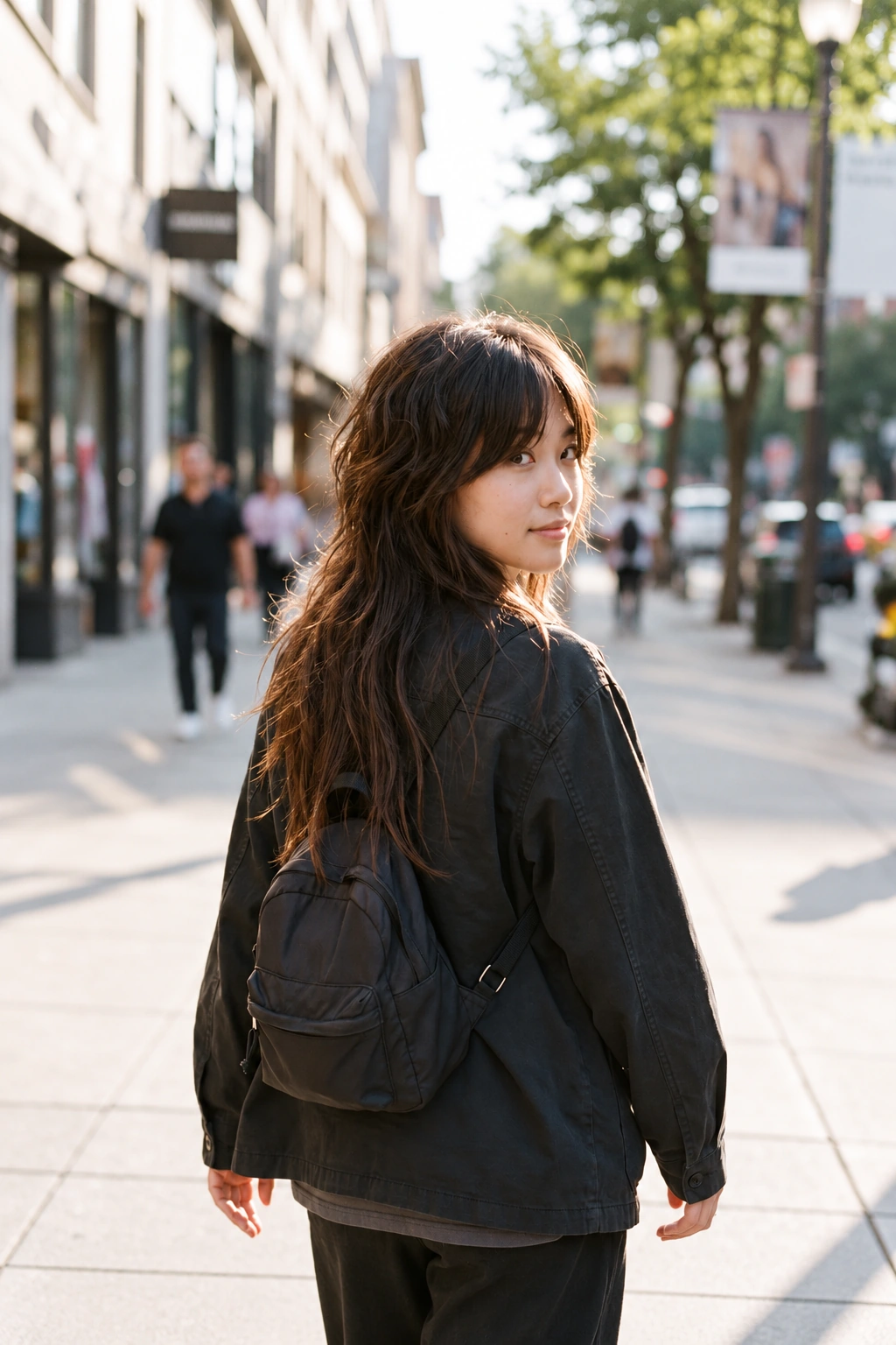 Back view walking away while glancing over the shoulder, so the length and layering read clearly, sunlit city street, showing haircut: Long wolf cut with curtain bangs (long length). Defining features