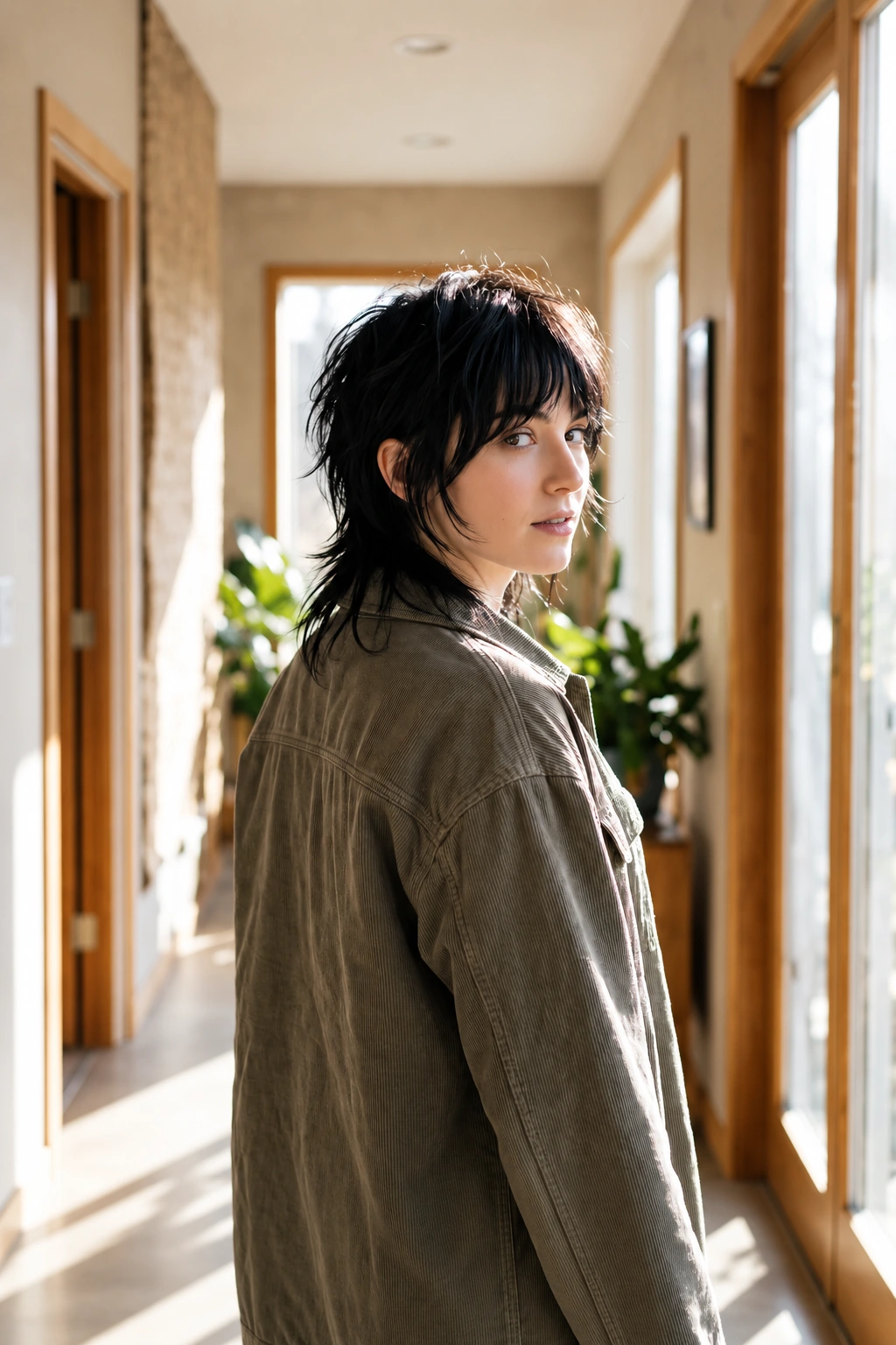 Over-the-shoulder back three-quarter view in a sunlit hallway, showing haircut: Short wolf cut with curtain bangs (short length). Defining features that must be clearly visible: Choppy layers across t
