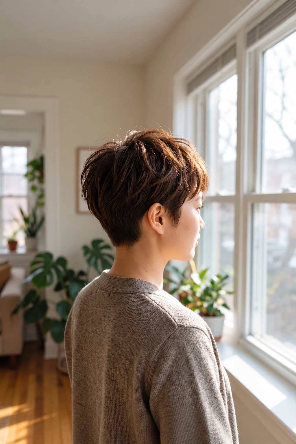 Standing by a large window, back three-quarter view showing the shape of the cut, showing haircut: Textured pixie with a cropped nape (short length). Defining features that must be clearly visible: Cl