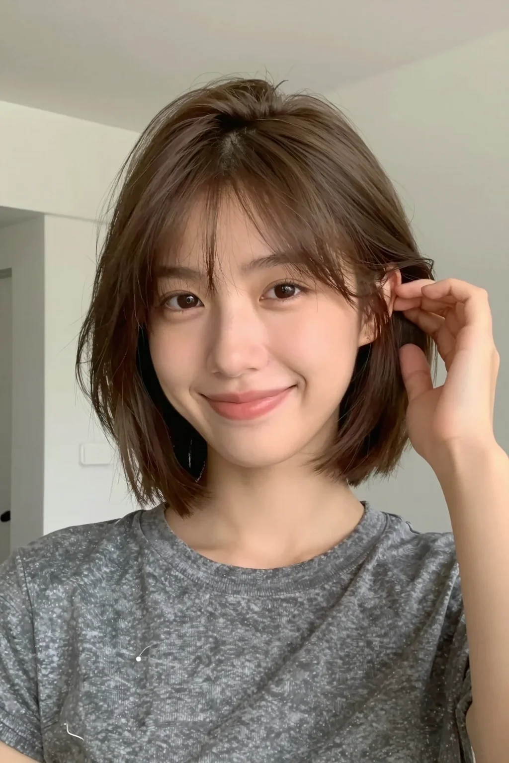 Front-facing soft smile, one hand tucking hair behind the ear, bright apartment, showing haircut: French bob with wispy bangs (short length). Defining features that must be clearly visible: A lower ed