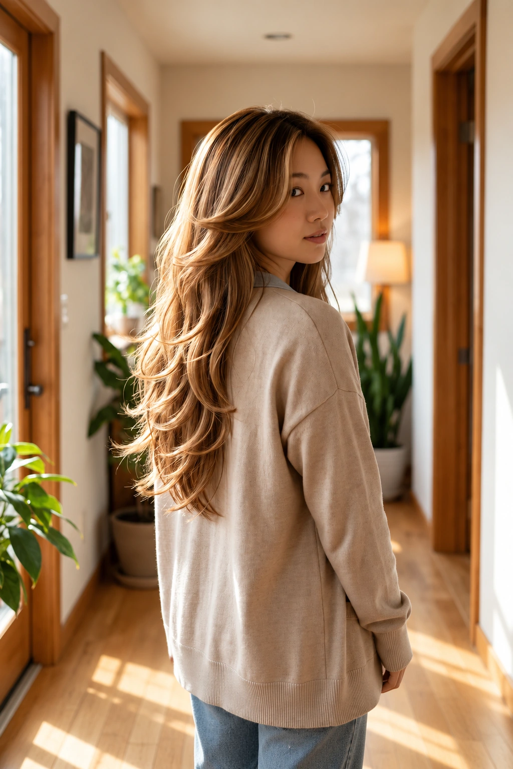 Over-the-shoulder back three-quarter view in a sunlit hallway, showing haircut: Long butterfly haircut with face-framing layers (long length). Defining features that must be clearly visible: Shorter f