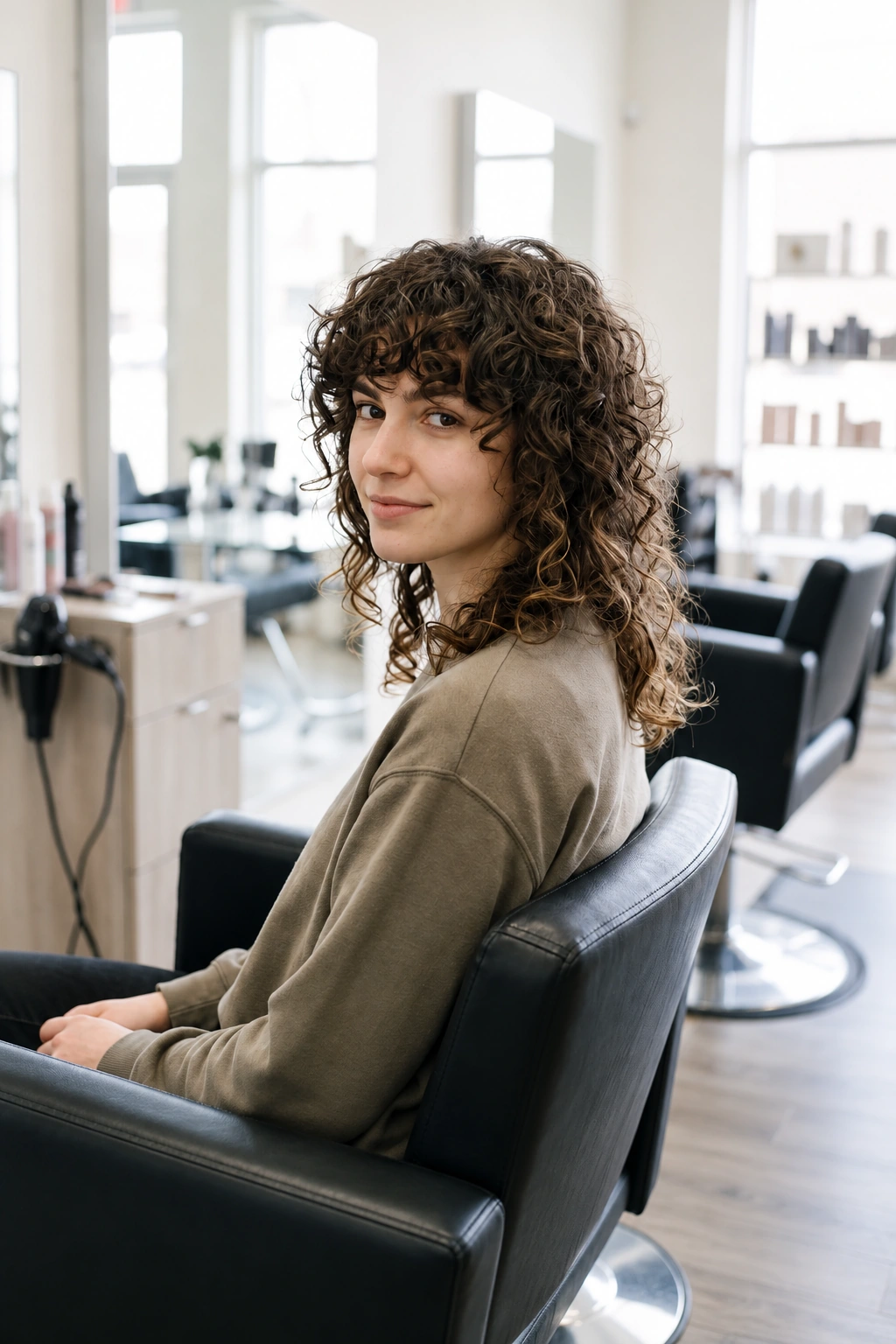 Seated in a salon chair just after the cut, salon mirror softly blurred behind, showing haircut: Curly shag with a full curly fringe (medium length). Defining features that must be clearly visible: A