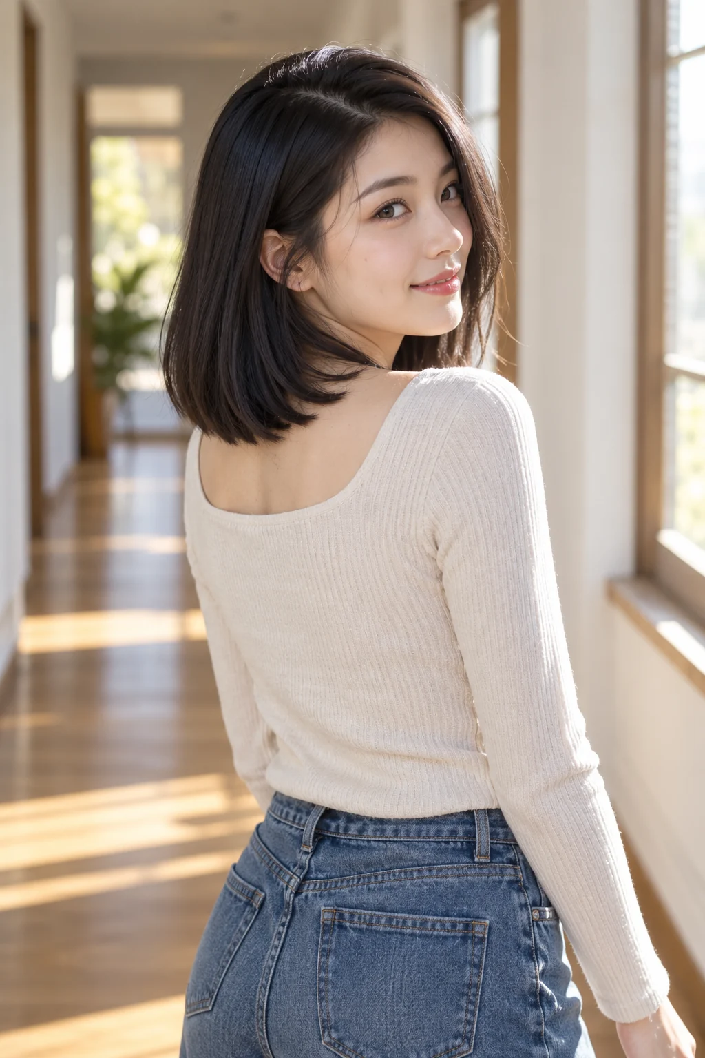 Over-the-shoulder back three-quarter view in a sunlit hallway, showing haircut: Side-part lob with a clean lower edge (medium length). Defining features that must be clearly visible: A clearly visible