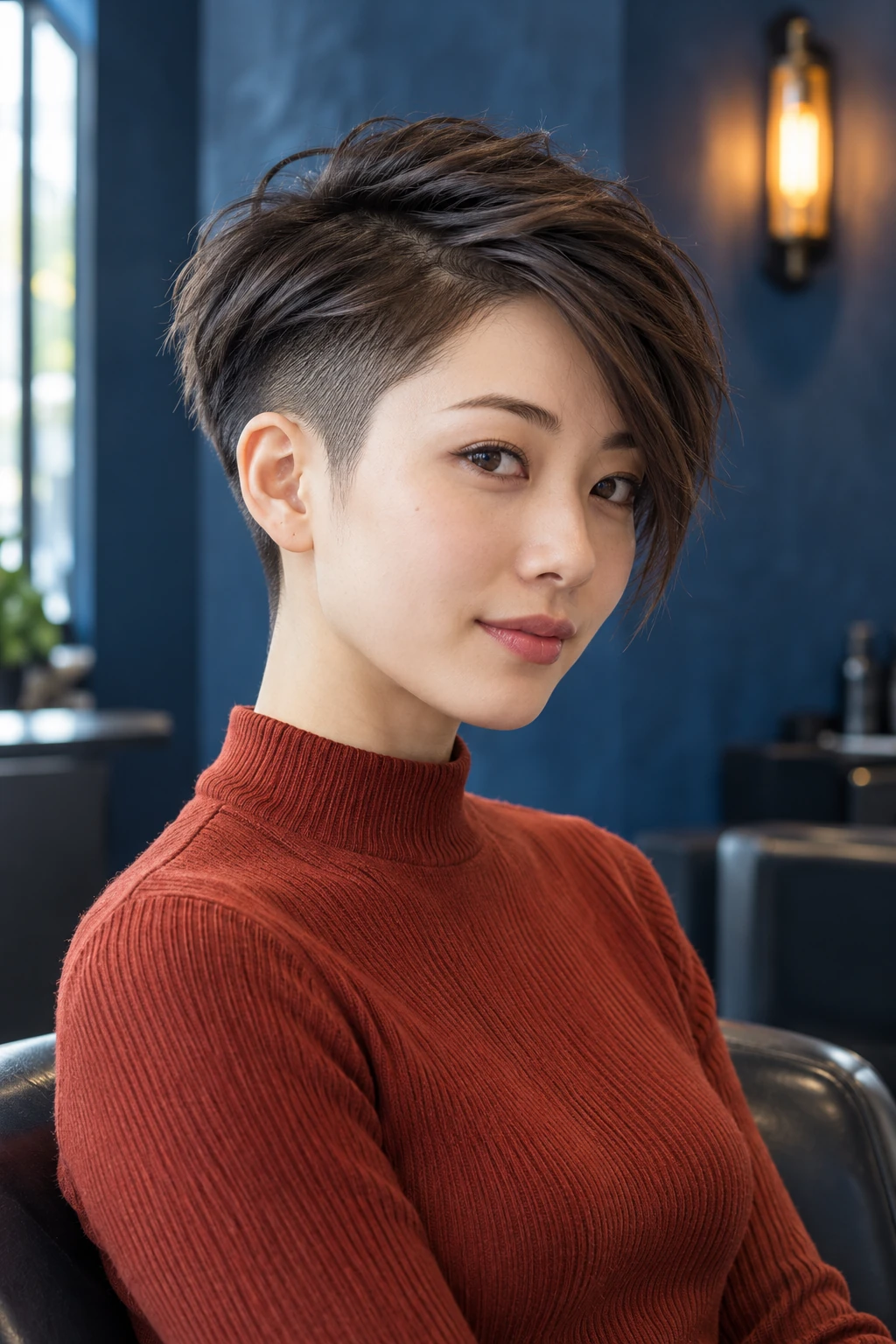 Adult woman with a long-top undercut pixie, exposed closely cropped temple and ear, rust knit top in a blue salon.
