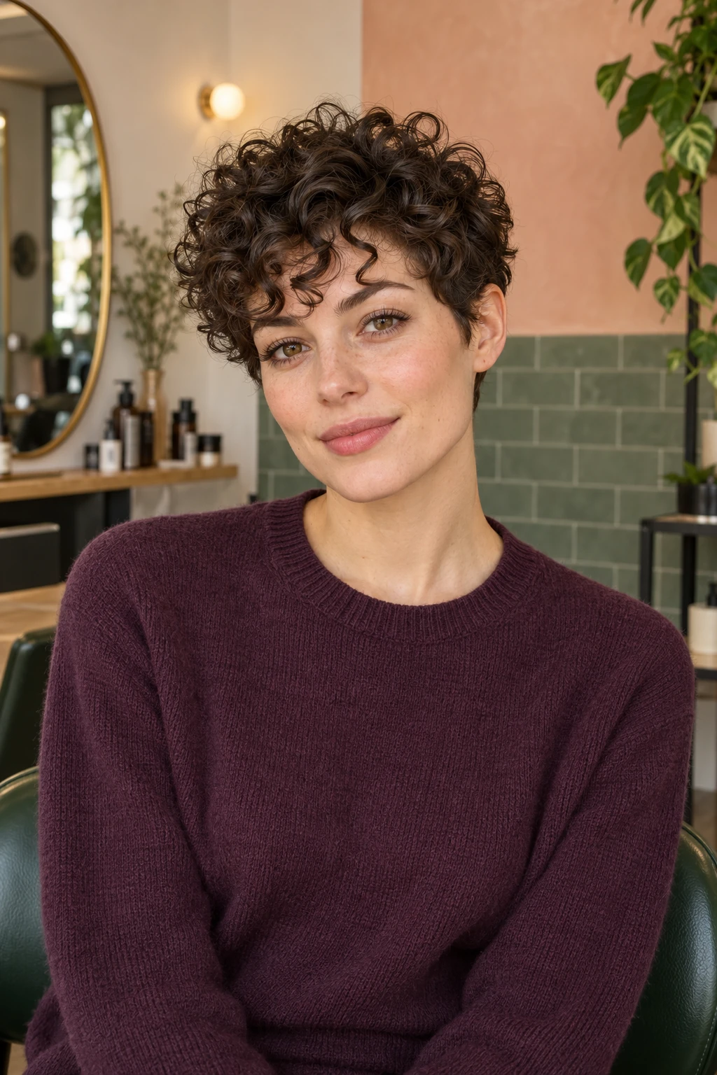 Adult woman with a short curly pixie, defined curl fringe and exposed ear, plum knit top in a peach and green salon.