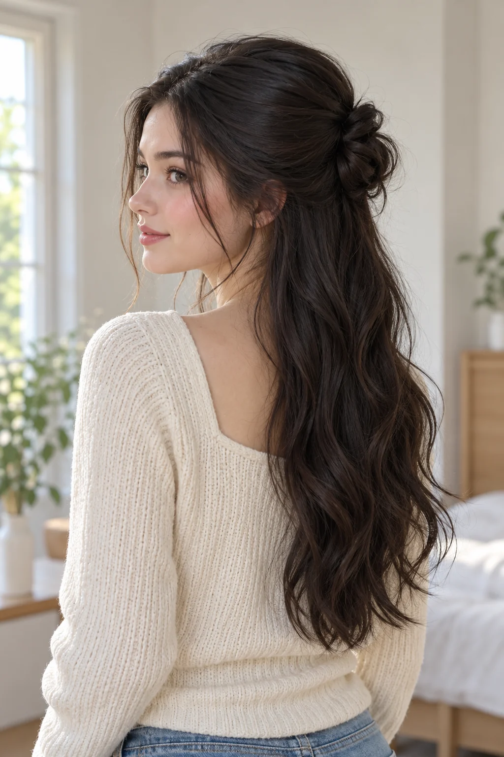 Three-quarter back view of the finished hairstyle, cream knit top, soft daylight, showing half up half down hairstyles.