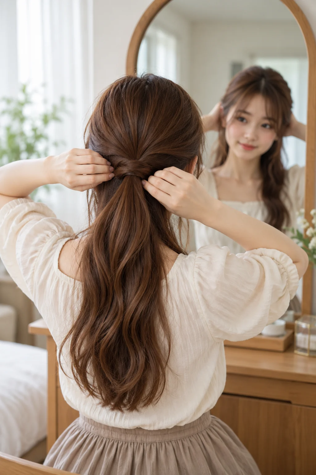 Side sections meet in a twist at the back, above long loose lengths.