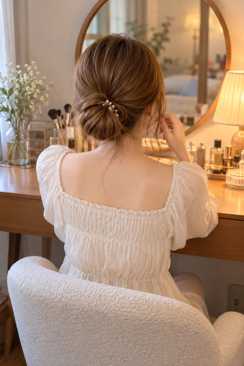A compact coiled bun sits at the nape with a small decorative fastening.