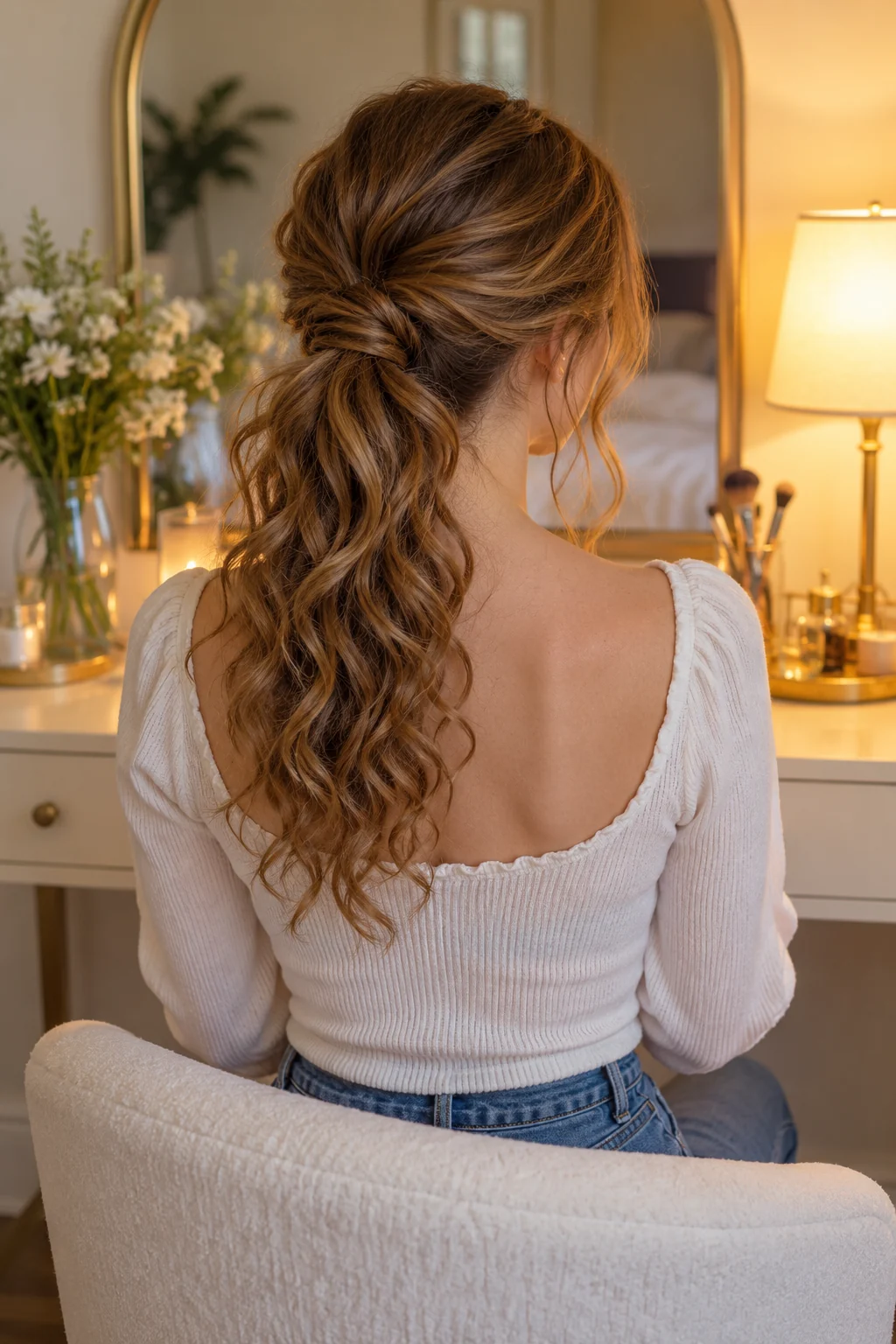 Seated at a vanity, back view of the finished hairstyle, warm lamp light, showing easy curly hairstyles.