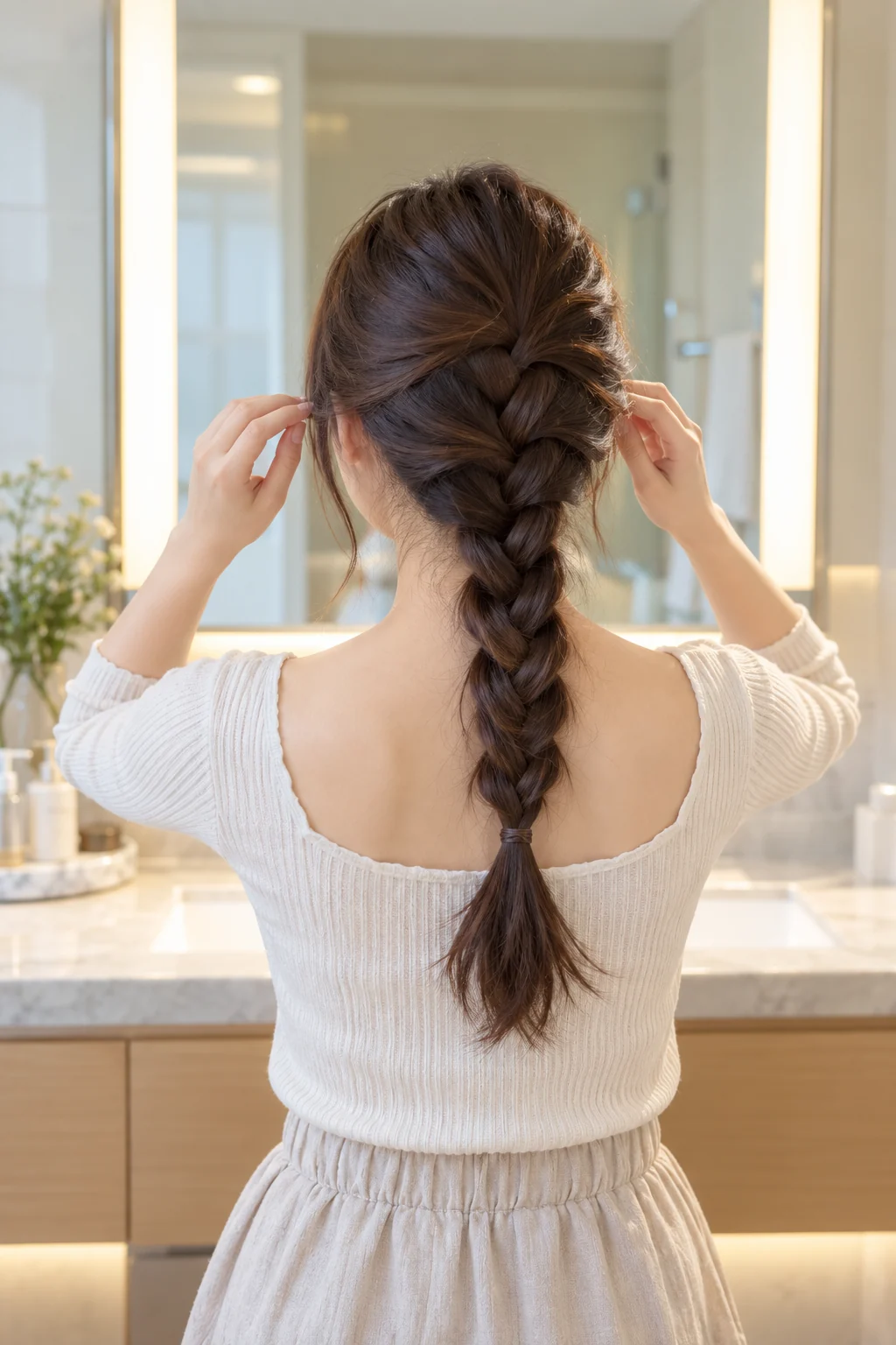 A single loose three-strand braid runs down the back, with softly gathered crown sections.