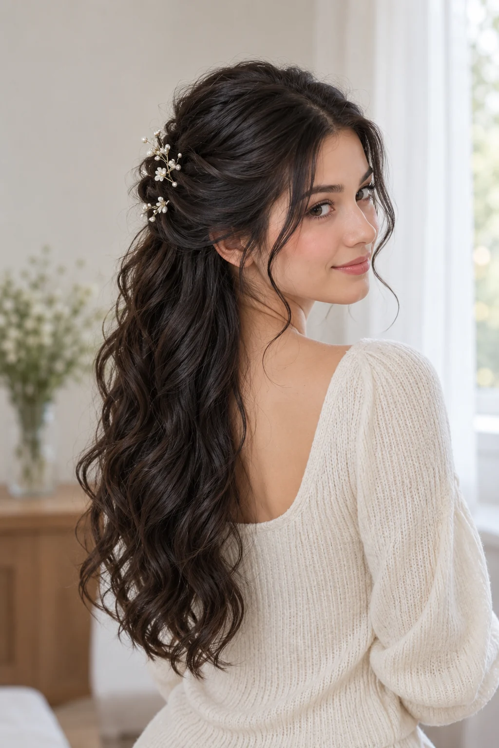 A wavy half-up hairstyle with small pearl-style accents at the crown.