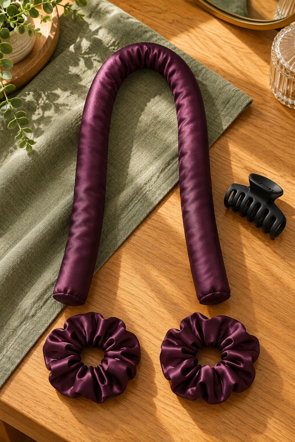 A plum satin U-shaped curling ribbon, two separate scrunchies and a black claw clip on sage linen and an oak vanity.