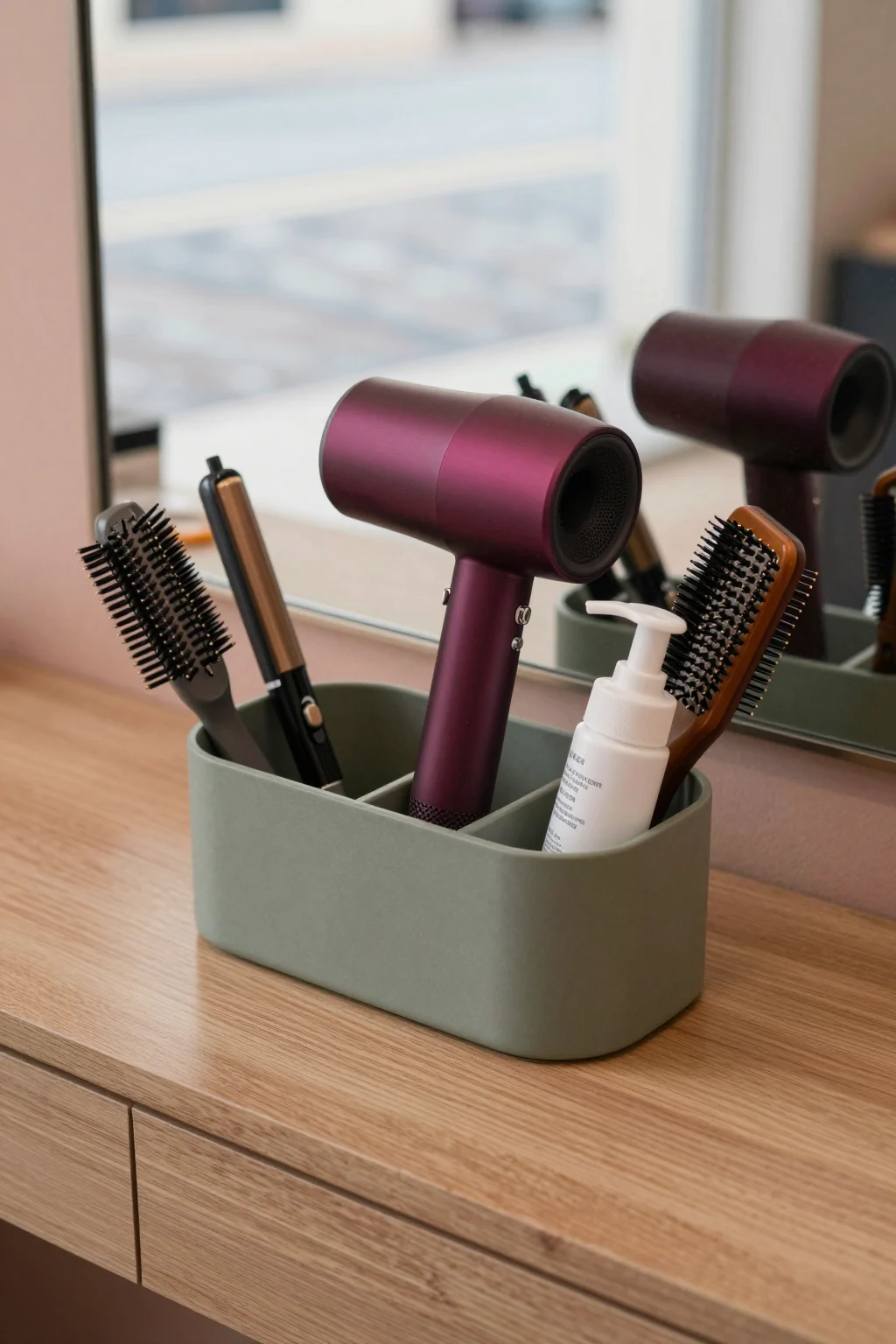 Sage tool caddy holding a burgundy dryer, styling tools, brushes and a white pump bottle.