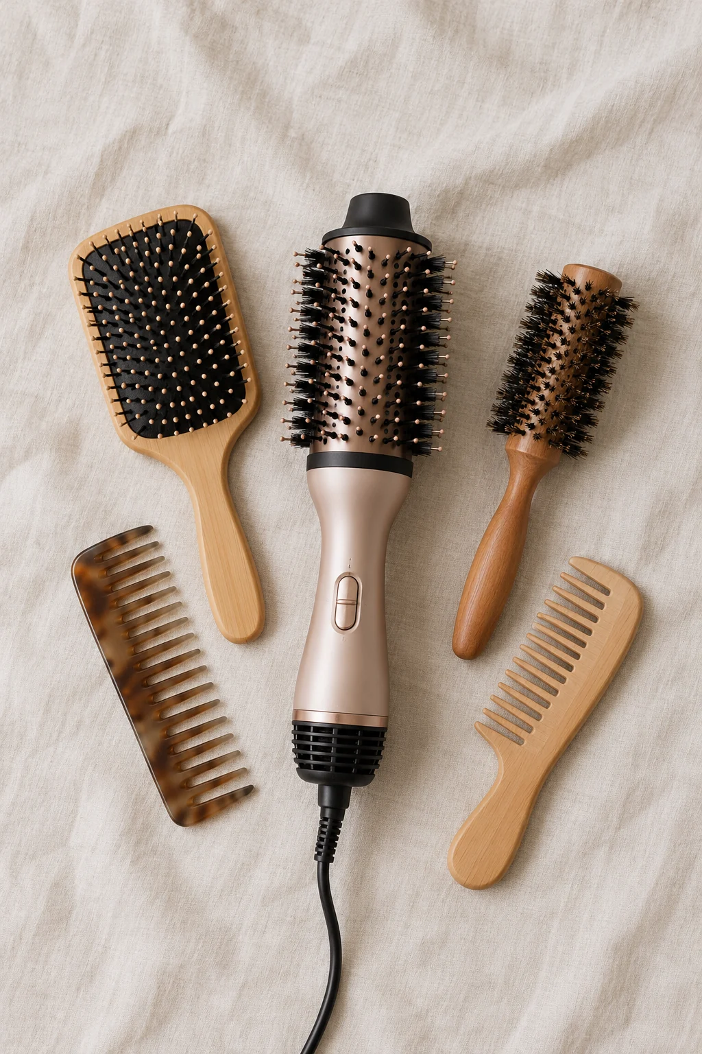 Corded hot-air brush, a manual round brush, paddle brush and two combs on pale fabric.