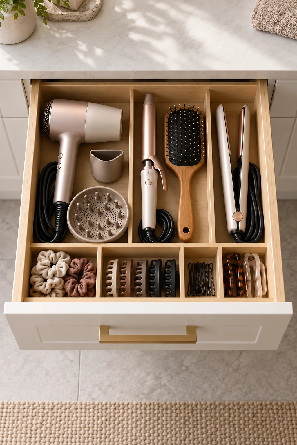Divided vanity drawer holding a dryer, diffuser, flat iron, brushes, combs and hair ties.