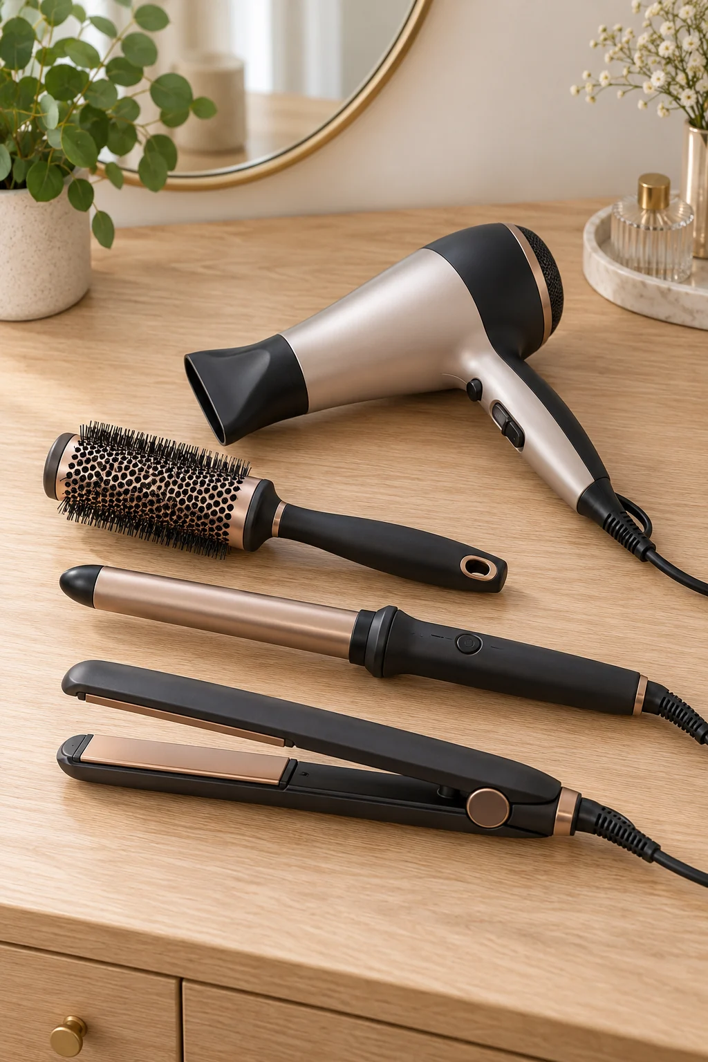 Hair dryer with concentrator, round brush, clamp curling iron and flat iron on a vanity.
