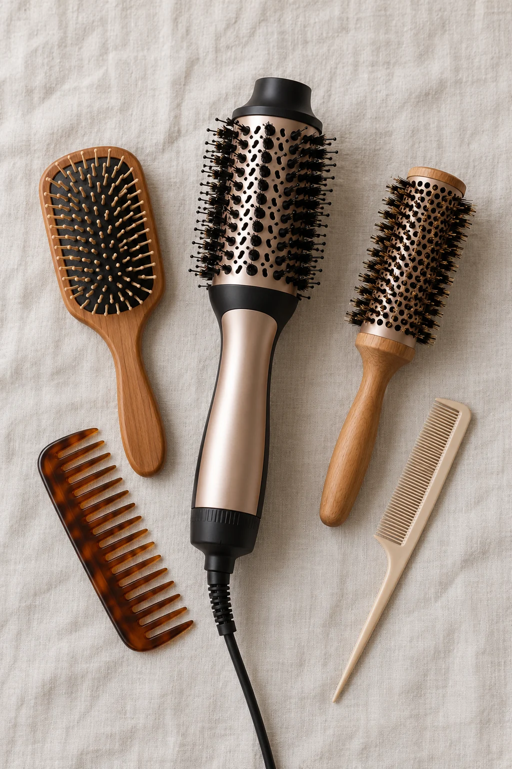 Corded hot-air brush, manual round brush, paddle brush and two combs on pale fabric.
