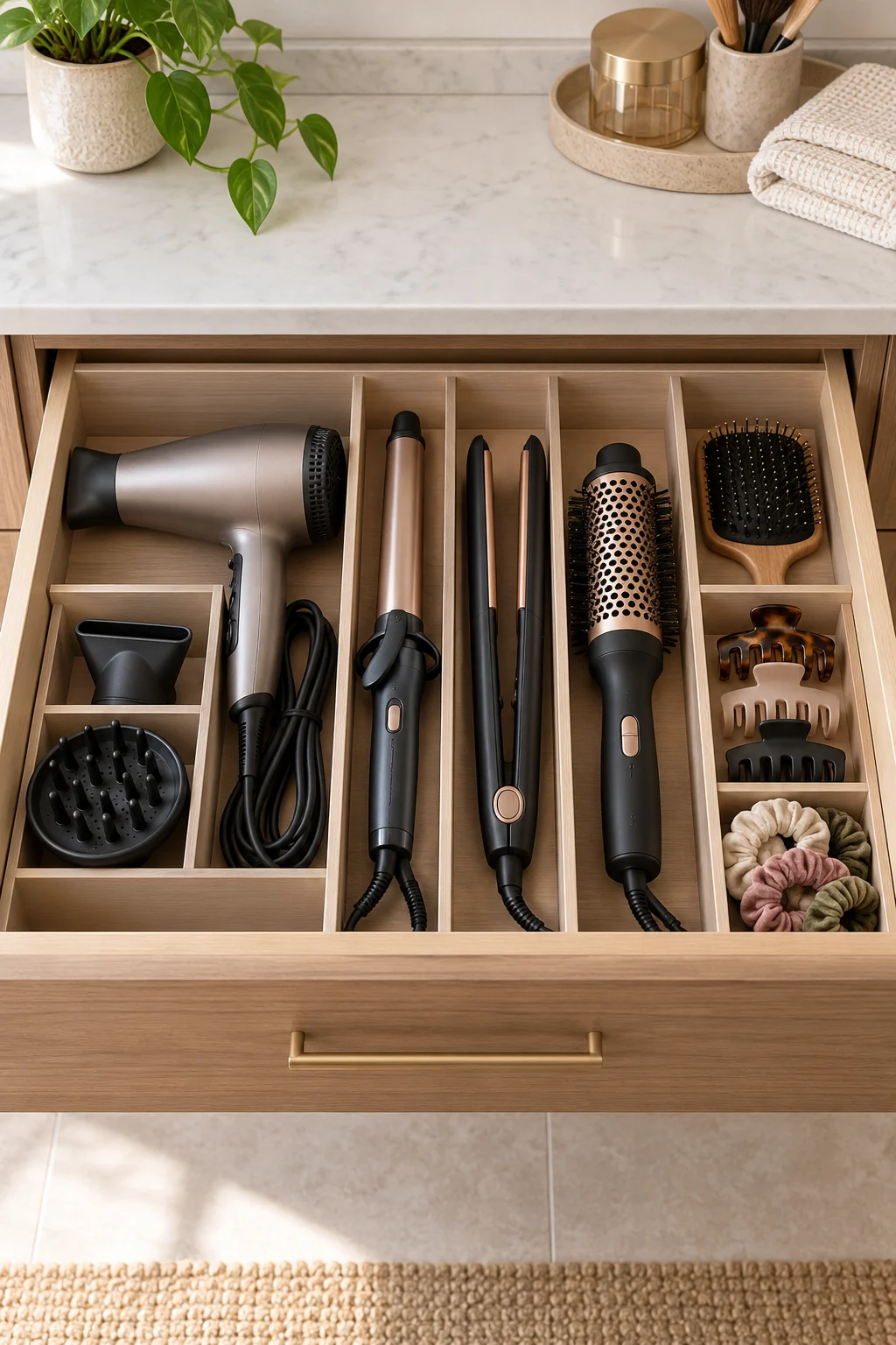 Hair dryer, diffuser, styling irons, brushes, combs and ties arranged in a divided drawer.