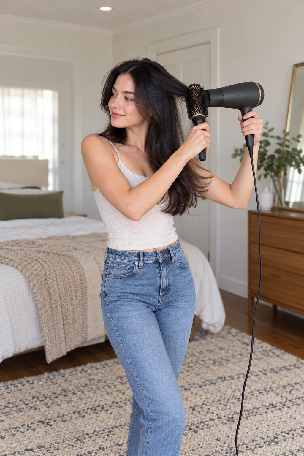 Adult woman holding a hair dryer above a separate round brush.