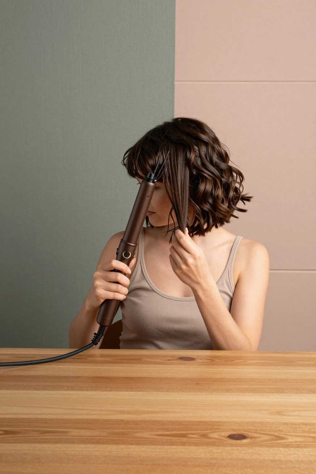 Adult woman with a short dark bob holding a clamp curling iron near a mirror.