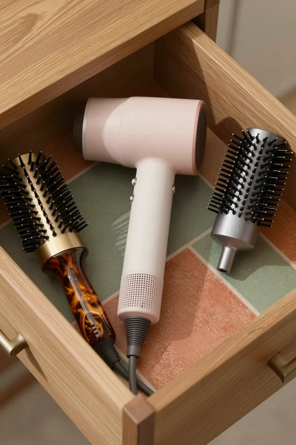 A hair dryer and brushes arranged in a partly opened vanity drawer.