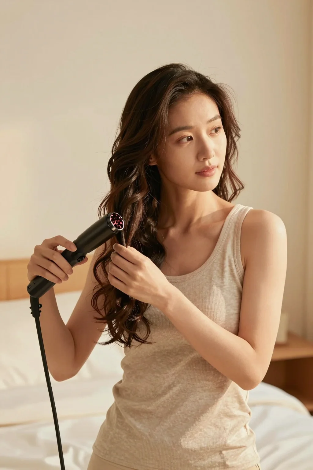 Adult woman holding a clamp curling iron beside medium-length brown hair.