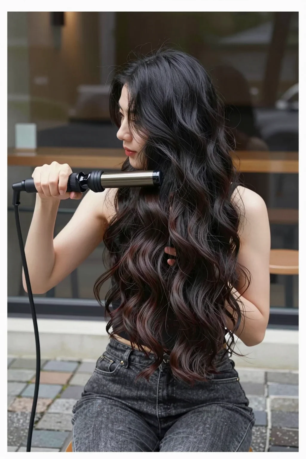 Adult woman holding a broad-barrel curling iron beside long dark waves.