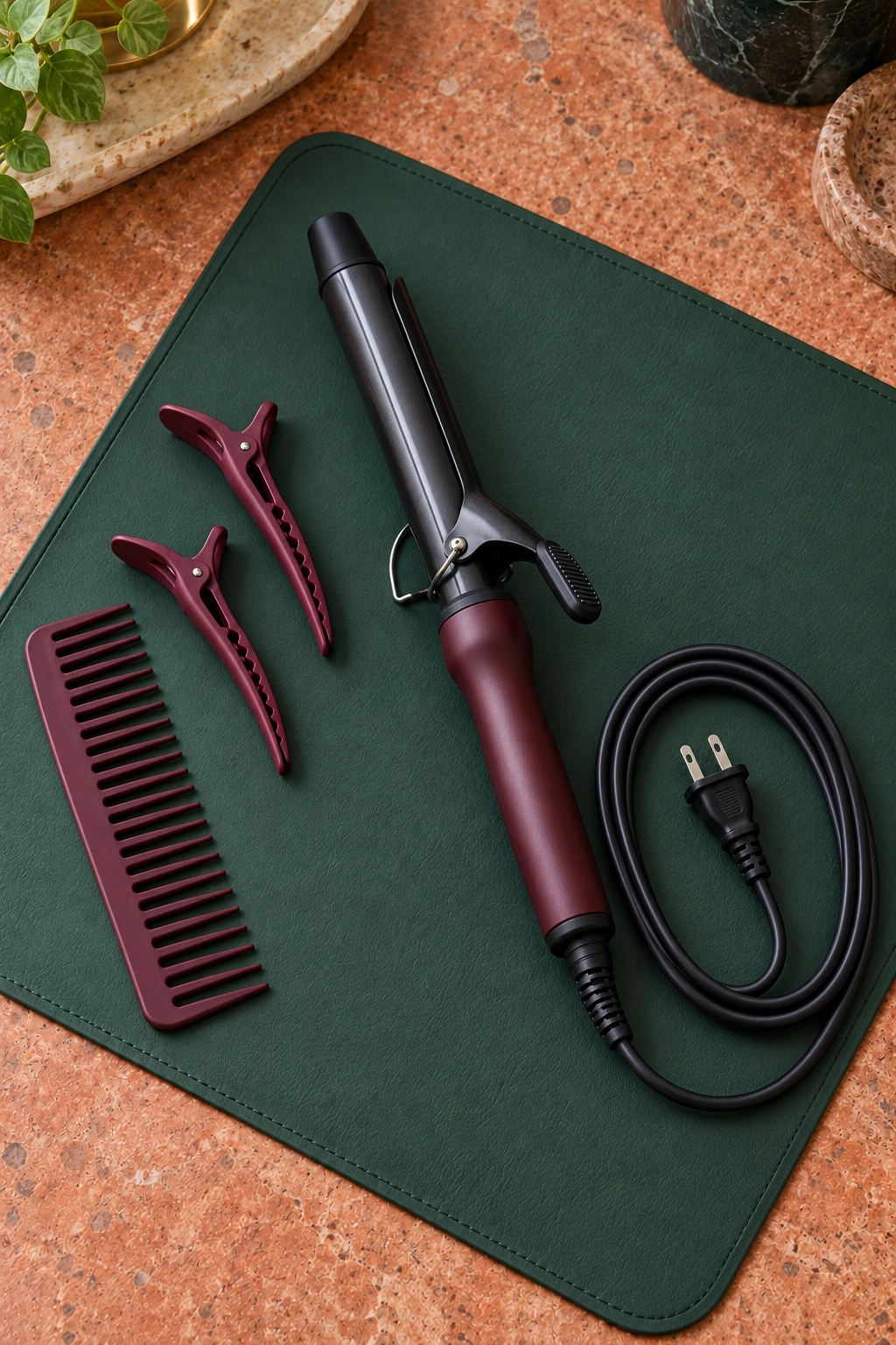 Unplugged burgundy clamp curling iron with its complete cord and two-prong plug, two sectioning clips and a wide-tooth comb on a green mat.