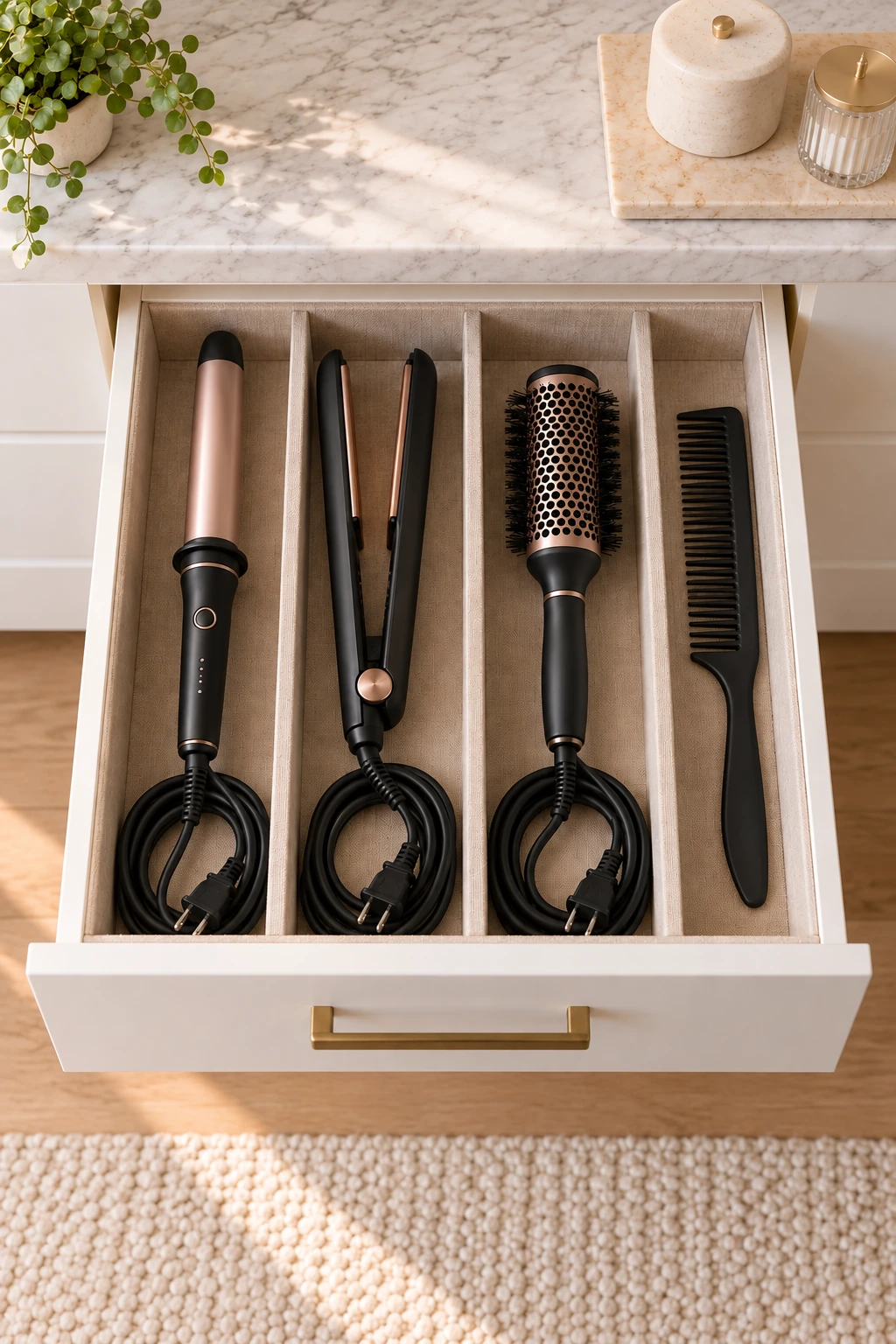Curling iron, flat iron, hot-air brush and comb arranged in a divided vanity drawer.
