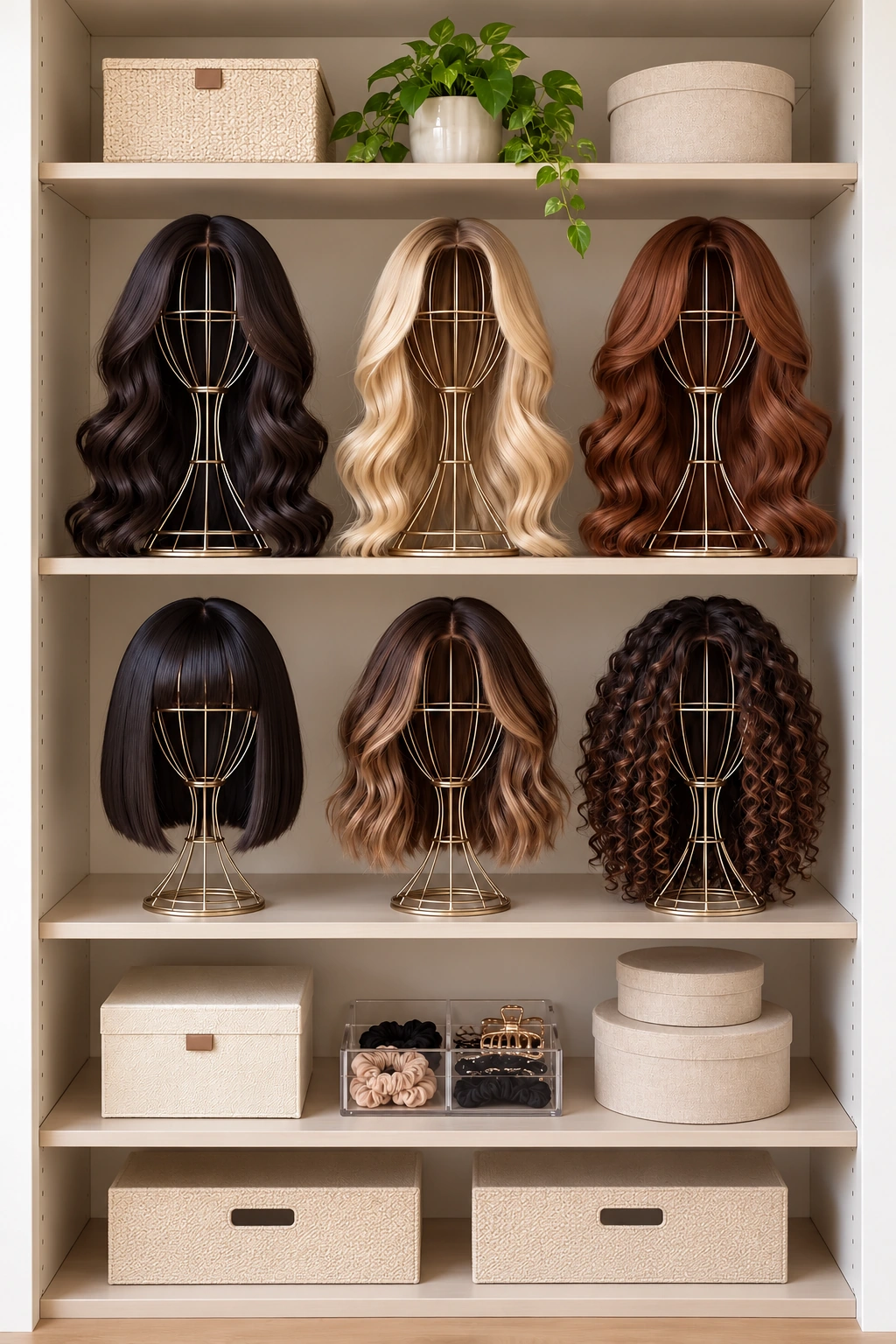 Several wigs supported by open wire display stands on closet shelves.