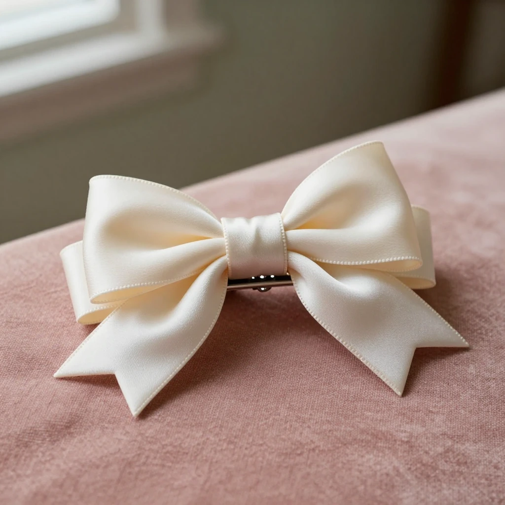 Kitsch cream satin bow clip with tennis charm, illustration of this kind of item