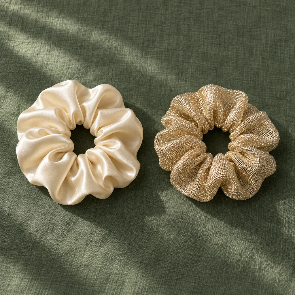 Kitsch metallic mesh and satin scrunchies, Cream & Gold, 2 pcs, illustration of this kind of item