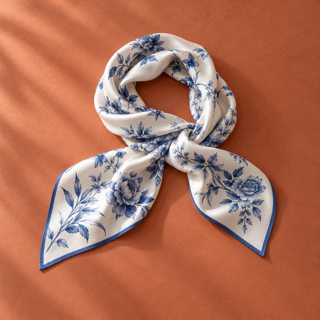 Vimate 27-inch square satin head scarf, Blue Daffodils print, illustration of this kind of item
