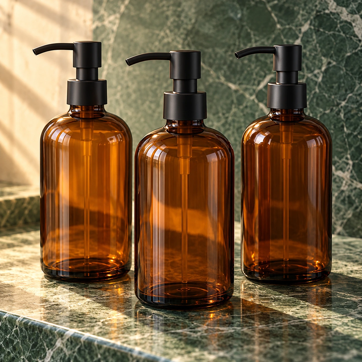 Brighter Barns amber refillable pump bottles, 16 oz, set of 3, illustration of this kind of item