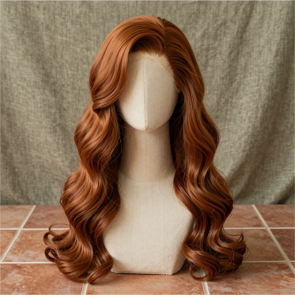 Copper Auburn 22-inch wavy synthetic wig with 4x4 parting, illustration of this kind of item
